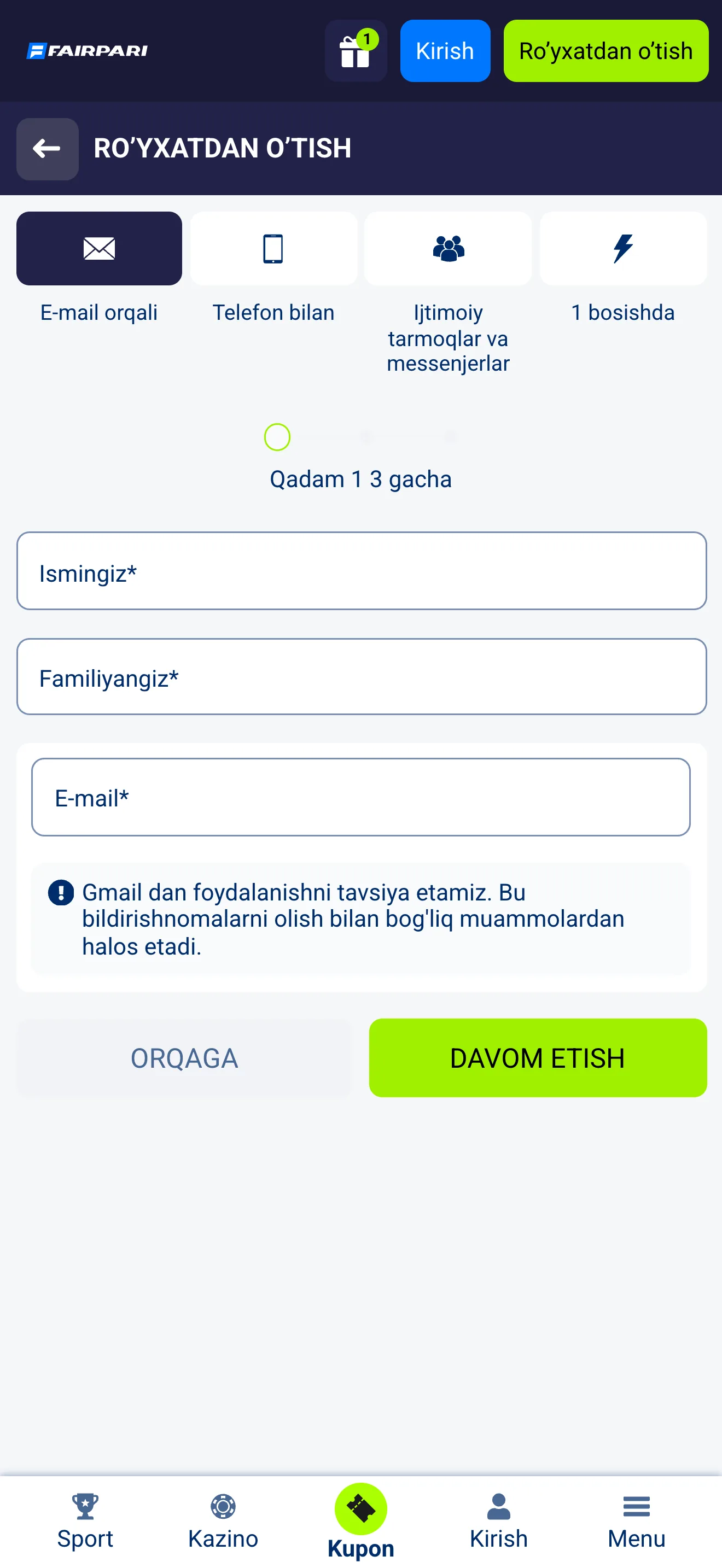 FairPari welcome bonus tanlovi — ro'yxatdan o'tish formasida KAZINO yoki SPORT